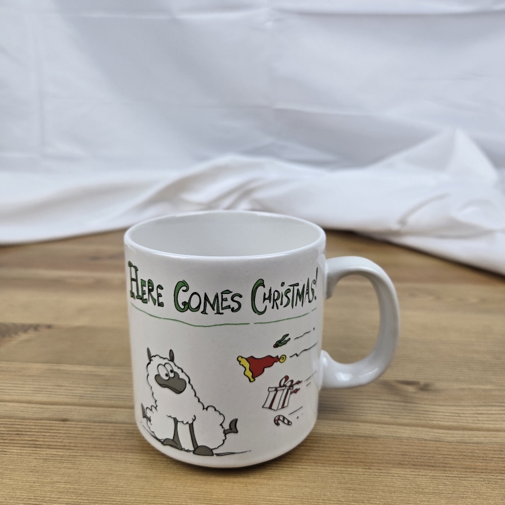 Vintage "Here Comes Christmas" Cartoon Sheep Thrills Porcelain Coffee Mug